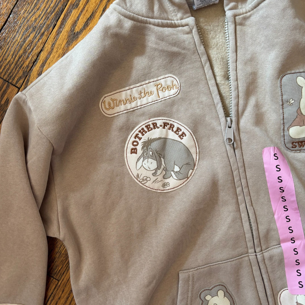 NWT Disney Winnie the Pooh Zip Up Hoodie Cream Patch Graphics Embroidered Size S